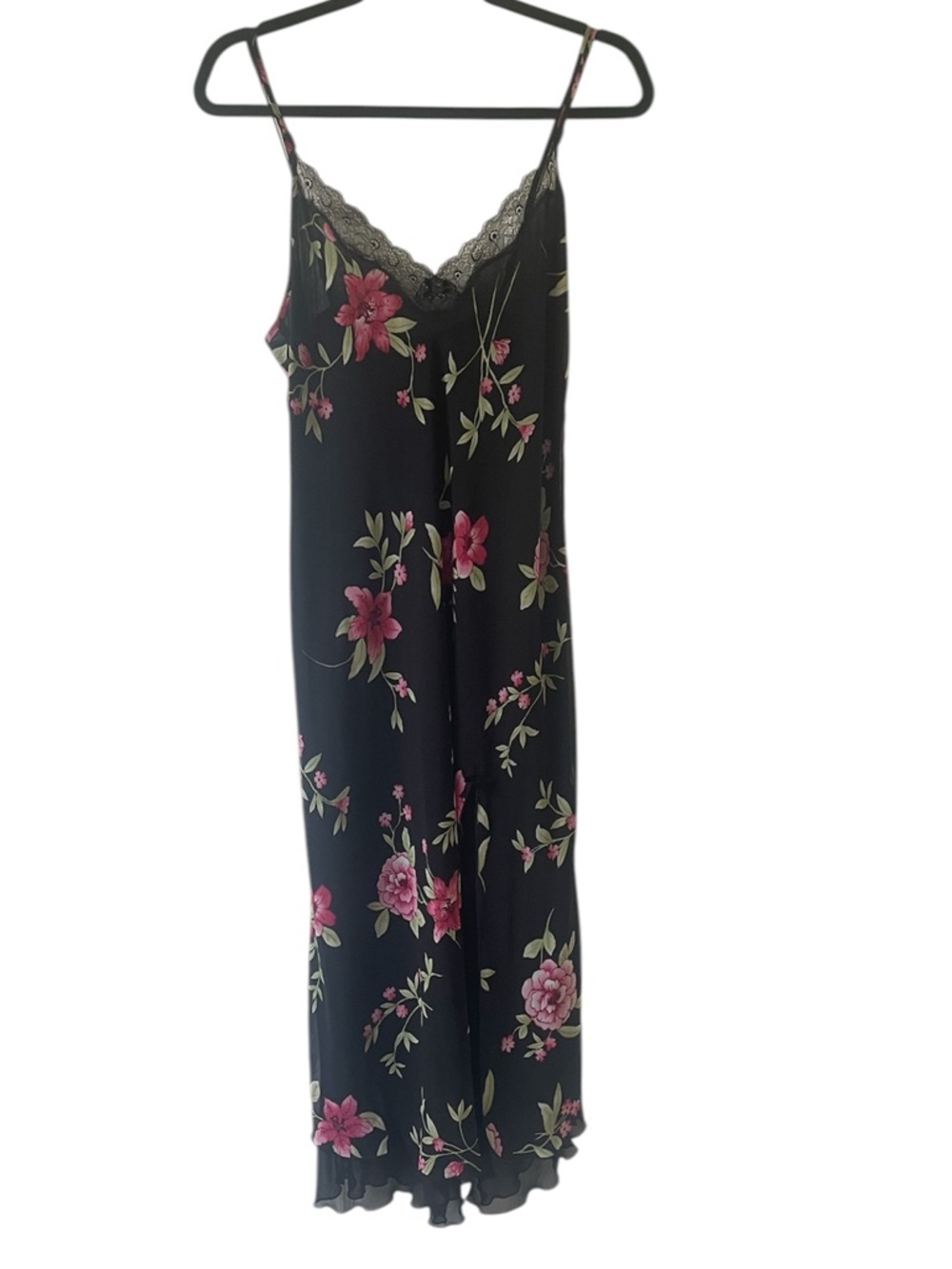 California Dynasty black and pink floral midi length romantic dress size small